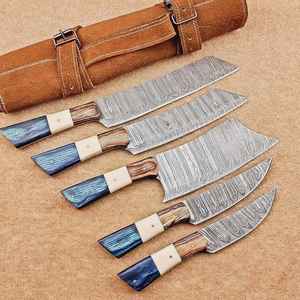 Ensemble de couteaux de chef professionnels de haute qualité en acier Damas, 5 pièces, fabriqués à la main, manche en bois, vente chaude, directement de l'usine - Product Image 1