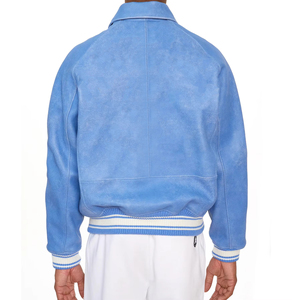 Blouson Bomber Homme en Cuir PU Bleu Col Rabattu Fermeture Éclair Poignets Côtelés Manteau Sportif Automne - Product Image 4