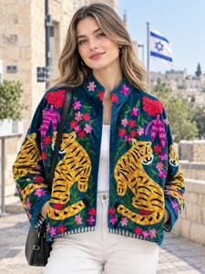Blouson Bomber Femme en Velours Teal à Col Montant et Fermeture Éclair, Broderie Florale Tigre, Manteau d'Automne, Veste Brodée Tigre - Product Image 1