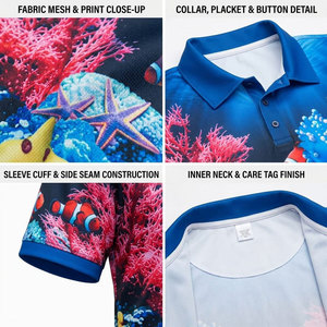 Men's Sublimation Printed Fishing Polo Shirt Quick Dry UPF 50 Polyester <b>Coral</b> Reef Pattern Adult Outdoor Wear - Product Image 6