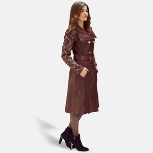 Women's Real Leather <b>Thick</b> Casual Trench <b>Coat</b> Breathable Long Length Stand Collar Windproof Elegant <b>Winter</b> Outerwear Solid Color - Product Image 3