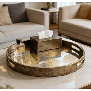 Gold Leaf Print Round Trays For Tea Snacks Serve Home Use Decorative Trays Enamel Coated Wooden Serving Tray For Parties Event - Product Image 3