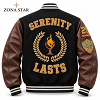 ZONA STAR Blouson universitaire unisexe en laine avec manches en cuir véritable marron foncé, patch brodé, réversible, doublure polaire, col montant