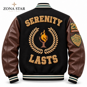เสื้อแจ็คเก็ตวาร์ซิตี้ ZONA STAR รุ่น Unisex ผ้าขนสัตว์ แขนหนังแท้สีน้ำตาลเข้ม ปักลายปะติด ดีไซน์แบบกลับด้านได้ บุขนแกะด้านใน คอตั้ง - Product Image 2