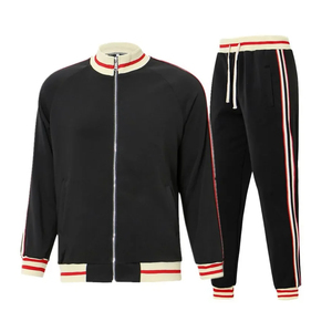 Custom Men Two Piece <b>Tracksuit</b> <b>Retro</b> Ribbed Stripe Zipper Bomber Jacket and Jogger Pants Set Fleece Sports Sweatsuit - Product Image 1