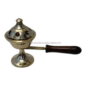 Brûleur à loban multifonction en laiton avec poignée en bois, brûleur d'encens au charbon de bois portable pour l'aromathérapie, usage domestique et temple - Product Image 1