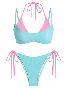 Ensemble de bikini double couche pour femmes, à pois, avec bretelles halter, vêtements de plage, OEM, sur mesure, en gros - Product Image 1