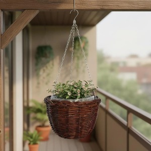 Maceta Colgante de Ratán para Plantas Verdes de Interior, Estilo Rústico, con Cadena y Soporte de Varilla de Madera, Decorativa - Product Image 4