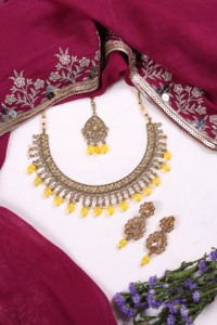 Gold Plated Brass Moissanite <b>Necklace</b> and Earring <b>Set</b> with <b>Pearl</b> Accent Vintage for Women's Wedding Occasion - Product Image 2