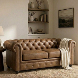 Classic Brown Genuine Leather <b>Sofa</b> with Chesterfield Tufting Rolled Arms Luxury Style <b>for</b> Living Spaces Chesterfield Couch - Product Image 1