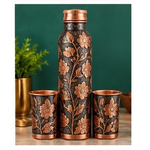 Handcrafted <b>Copper</b> <b>Water</b> <b>Bottle</b> with Two Matching Cups Modern Portable Drinkware Set for Travel - Product Image 2