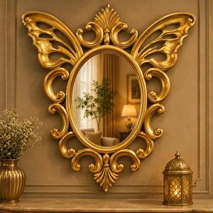 Espejo de Pared Ovalado con Diseño Escandinavo de Mariposa Real, Tallado en Madera, Acabado en Oro Antiguo, Espejo de Lujo Hecho a Mano - Product Image 1