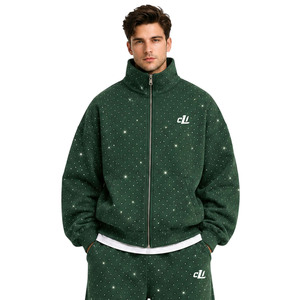 Boutique Fashion Custom Green Rhinestone Oversized <b>Zip</b> <b>Up</b> Hoodies Baggy Joggers <b>Men</b> Heavy <b>Fleece</b> Cotton Stand Collar Jacket Sets - Product Image 3