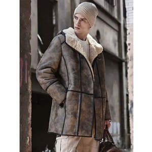 Veste en cuir véritable marron pour homme avec doublure en sherpa, col rabattable, fermeture éclair, coupe-vent, manteau long d'hiver, style workwear - Product Image 4