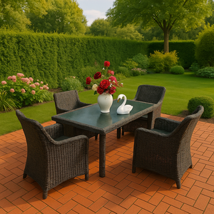 Ensemble de salle à manger moderne pour patio, 4 chaises et table ronde en verre, meubles en rotin PE résistant aux intempéries pour cour et espaces extérieurs d'hôtel - Product Image 2