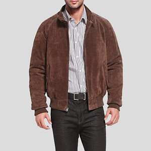 Chaqueta Bomber de Gamuza Marrón para Hombre, Cuello Alto, Cierre de Cremallera, Ropa Exterior Informal de Otoño, Corte Regular, Color Sólido, Material Grueso - Product Image 1