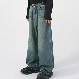 Jean en denim délavé coupe droite respirant pour homme, taille mi-haute, coupe ample, en coton, style streetwear décontracté, tissé mi-lourd pour l'automne - Product Image 2