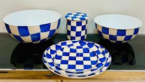 Blue White Solid Iron Metal Non-Toxic BPA Free Durable Food Grade Dinnerware <b>Set</b> <b>Serving</b> Bowls Plates Storage Jar Home - Product Image 3