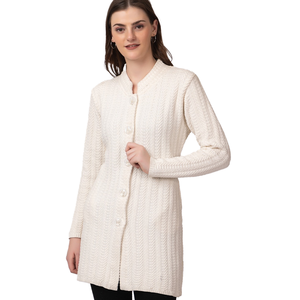 High Quality Women's Cream Knitted Long Sleeve <b>Cardigan</b> Stand Collar Button Front Solid Color Classic Winter Wear - Product Image 3