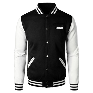 Veste universitaire noire et blanche pour homme, logo sur le devant, fermeture à boutons, vêtement décontracté pour l'automne, coupe classique, col rabattu, manches en PU - Product Image 1