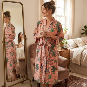Peignoir Kimono en Coton Artisanal pour Femme, Col en V, Manches Longues, Imprimé Jungle, avec Ceinture à Cordon, Vêtement de Nuit et d'Intérieur, Vente en Gros - Product Image 2