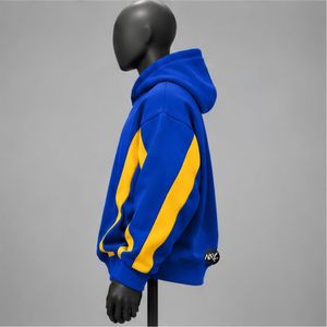 Sweat-shirt à capuche bleu pour homme avec empiècements jaunes, coupe classique, décontracté, pour l'automne, en tissu molletonné FRENCH TERRY, vente en gros - Product Image 4