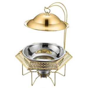 Calentador de Comida Tipo Buffet Hexagonal Dorado de Acero Inoxidable con Base con Patrón Ornamentado y Tapa de Cúpula Dorada para Eventos de Lujo - Product Image 6