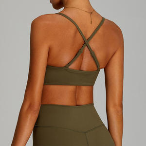 Women's Olive Green Seamless Sports Bra Scoop Neck Spaghetti Strap Medium Support Yoga Workout Activewear <b>Top</b> - Product Image 2