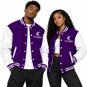 Veste universitaire unisexe classique d'hiver, style baseball, à col montant et boutons, avec blocs de couleur violet et blanc, corps violet. - Product Image 1