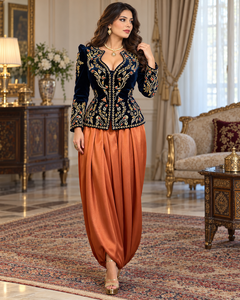 Caftán Marroquí Mishkat Couture Azul Marino, Terciopelo Color Ciruela, Elegante, MAXI, Bordado a Mano en Dorado, Cuello en V, para Mujeres Musulmanas, Ropa para Bodas y Fiestas - Product Image 6