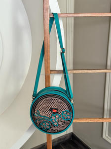 กระเป๋าสตางค์หนังสีเทอร์ควอยซ์ลายดอกไม้ทำมือแบบตะวันตก2024ใหม่ - Product Image 4