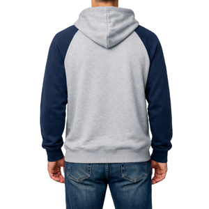 <b>Top</b> selling Grey and <b>Navy</b> Blue Raglan Hoodie Wholesale OEM Pullover Two-Tone Contrast Sleeve Baseball Style Hooded Sweatshirt - Product Image 4