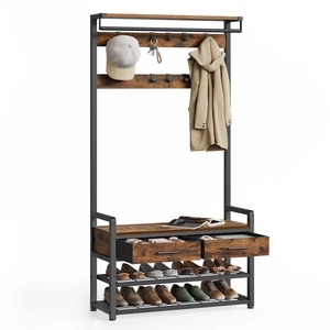 Perchero industrial de madera con ganchos y almacenamiento para zapatos, organizador multifunción de forma rectangular para la entrada. - Product Image 5