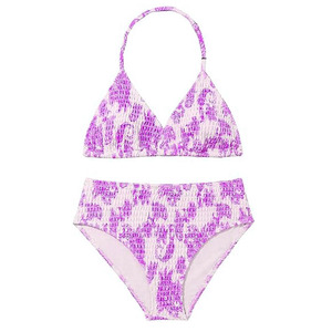Ensemble bikini imprimé violet pour femme, haut dos nu et bas taille haute, maillot de bain tricoté texturé 2 pièces extensible, tenue de plage OEM - Product Image 1