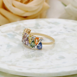 Anillo de oro amarillo de 14 quilates con racimo de diamantes y zafiros multicolor en forma de pera, joyería fina al por mayor, anillo de banda con gemas arcoíris para mujer - Product Image 2