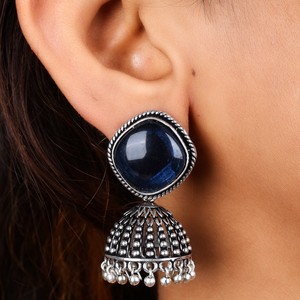 Vintage Midnight Blue Stone Jhumka Earrings Handmade <b>Oxidized</b> Silver Tribal Dome Earrings Wholesale Ethnic Jewelry Supplier - Product Image 2