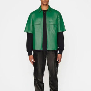 Chemise en cuir décontractée pour homme, personnalisée, de haute qualité, respirante, tricotée, coupe régulière, manches courtes, sans col, style streetwear hivernal - Product Image 3