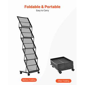 Foldable 5-Pockets Metal <b>Magazine</b> Literature Display Rack Movable Floor Standing Wheels Newspaper Catalog <b>Holders</b> for Shop - Product Image 5