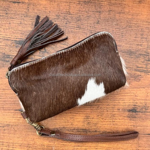 Venta caliente hecho a mano de cuero de vaca borla bolsa occidental de cuero genuino Boho cartera pelo en ocultar cremallera embrague para mujer - Product Image 2