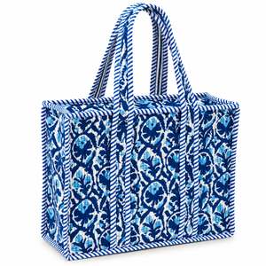 Panelled Tote <b>Bag</b> Blue <b>White</b> Stripe Trim Open Top Canvas Shopping All Seasons Preppy Style - Product Image 1