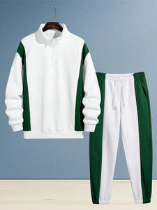 Conjunto deportivo informal de invierno para hombre, con sudadera de cierre de cremallera y pantalones jogger, en bloques de color blanco y verde oscuro, de tejido polar. - Product Image 4