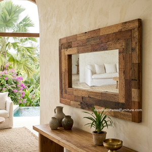 Espejo de Pared Rústico Hecho a Mano, Ecológico, Duradero, de Madera Reciclada de Barco, Color Original, para Sala de Estar, Dormitorio, Villa - Product Image 3