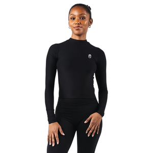 Camiseta de Manga Larga con Cuello Alto de Doble Capa para Mujer, Negra, Elástica, de Tela Suave, para Uso Diario, Deportiva, para el Gimnasio - Product Image 1