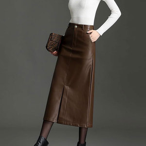Jupes longues en cuir pour femmes, décontractées, taille haute, moulantes, mi-longues avec fente, collection automne-hiver 2026 - Product Image 3