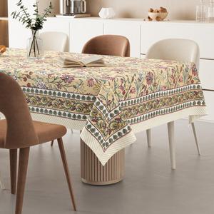 HappyKraft Handmade Floral Block Print Beige Cotton Rectangular <b>Table</b> <b>Cover</b> Eco-Friendly for Home & Hotel Use - Product Image 2