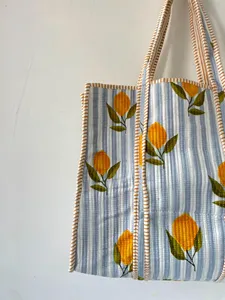 Bolsa de Mano de Algodón a Rayas Azul Cielo Premium con Estampado de Limones, Estilo Bohemio, Casual de Verano, Bolsa de Compras Abierta para Mujer - Product Image 3