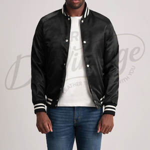 Chaqueta Varsity Negra de Satén para Hombre, Estilo Clásico Letterman, Chaqueta Bomber Casual con Botones a Presión y Ribete Acanalado - Product Image 1