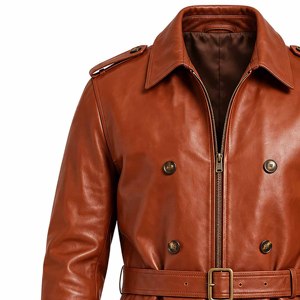 <b>Men's</b> Cognac Brown Leather Trench <b>Coat</b> Long <b>Double</b> <b>Breasted</b> Belted Overcoat with Shoulder Epaulettes Full Zip Front - Product Image 5