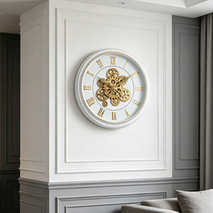 Moving gear wall <b>clock</b> 18 inch white vintage rustic frame with <b>silent</b> bronze metal Roman numerals for home décor - Product Image 3