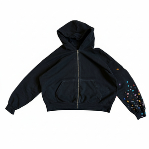 Customized Rhinestone Embroidery Zip-<b>Up</b> Hoodie Streetwear Distressed Acid Wash Vintage Faded Boxy Fit 100% Cotton Autumn - Product Image 2